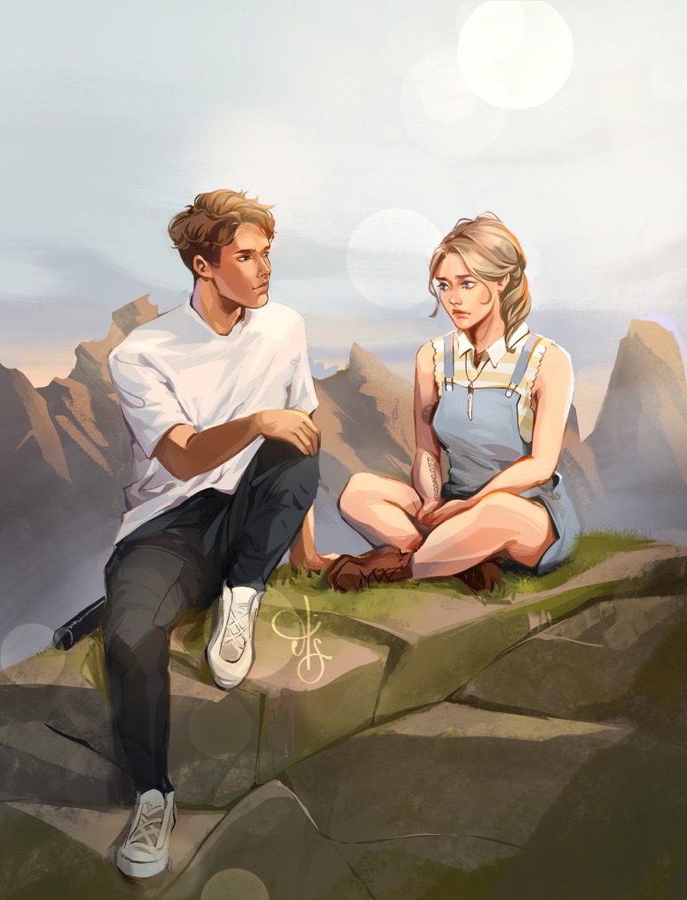 Charakterillustration zu „Two Sides of the Dark“: Taylor und Jo in vertrautem Moment im Freien