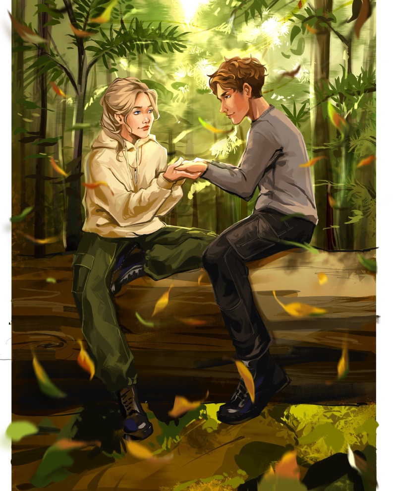 Charakterillustration zu „One Side of the Light“: Taylor und Jonathan (Jo) Hand in Hand