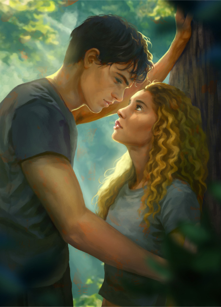 Charakterillustration zu „Falling for Adelaide“: Adelaide und Jules im Wald, Blicke ineinander versunken