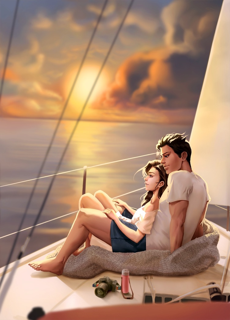 Charakterillustration zu „Kein Horizont zu weit“: Leni und Rafe vor der Sylter Küste im Sonnenuntergang