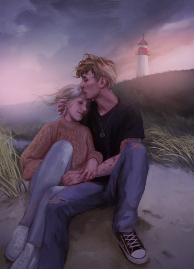 Charakterillustration zu „Kein Sturm zu nah“: Elisa und Jonah am Sylter Leuchtturm im Sonnenuntergang