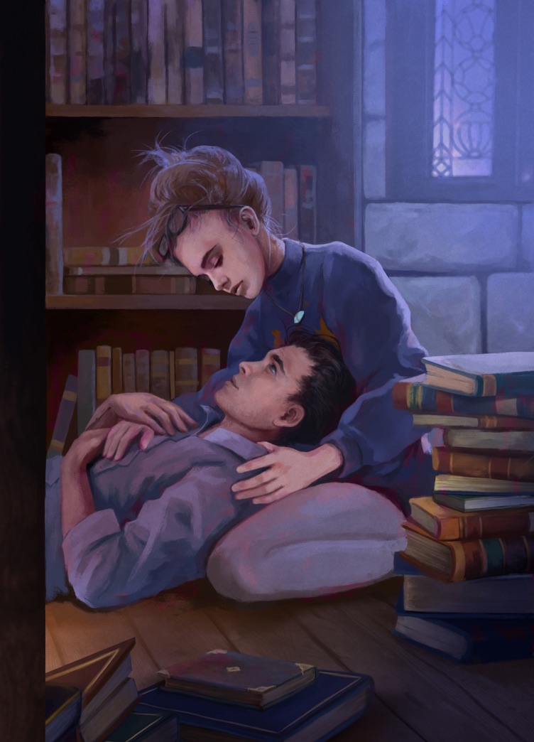 Charakterillustration zu „What we fear“: Harlow und Zack in der Bibliothek des Lakestone Campus