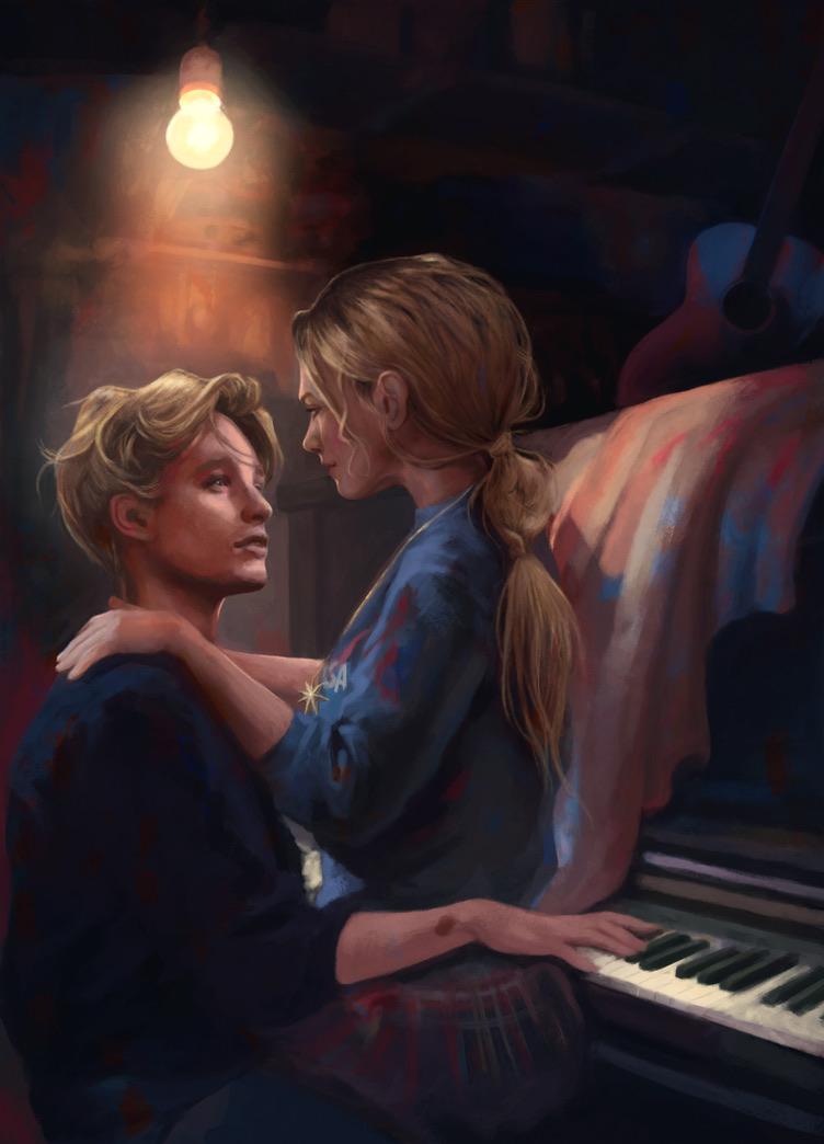 Charakterillustration zu „What we lost“: Brynn und Kace in inniger Umarmung