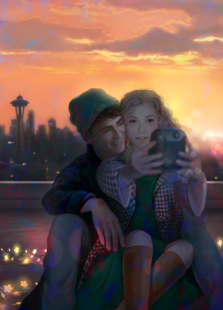 Charakterillustration zu „What we hide“: Lucie und Callahan vor der Skyline von Seattle im Sonnenuntergang