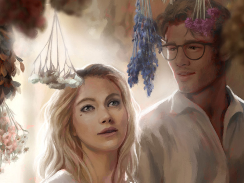 Nahaufnahme der Charakterillustration zu „Longing for Lelibeth“: Lelibeth und Noah einander ganz nah, umgeben von Blumen