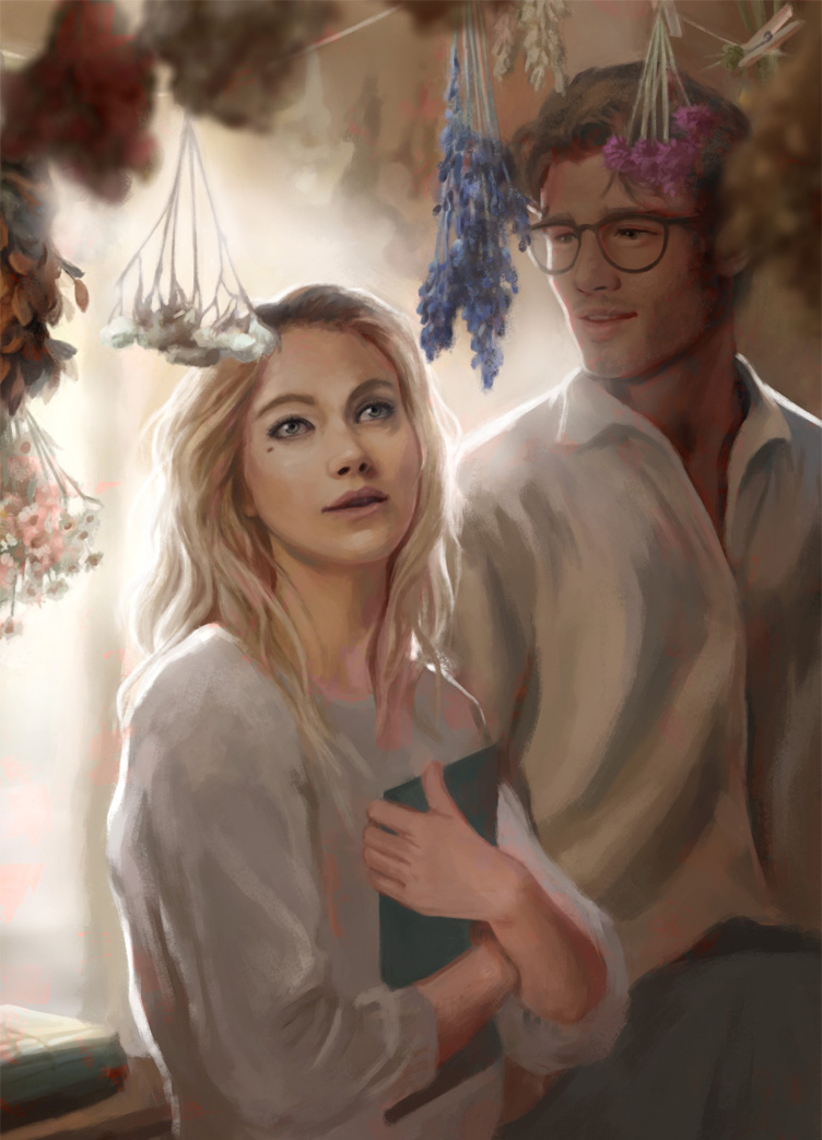 Charakterillustration zu „Longing for Lelibeth“: Lelibeth und Noah umgeben von Blumen und Lavendel