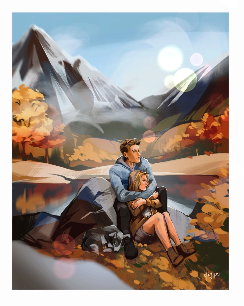 Charakterillustration zu „Meet me in Maple Creek“: Mira und Joshka auf einem Hügel bei Sonnenuntergang