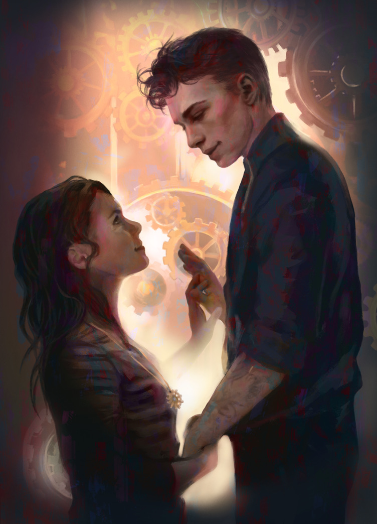 Charakterillustration zu „Twisted Treason“: Remy und Sim in magischer Lichtstimmung